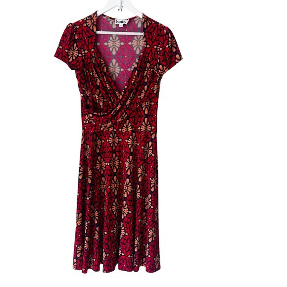 Leota Sweetheart Faux Wrap Midi Dress Size L Terrazzo Print Red Surplice Stretch - Picture 1 of 7